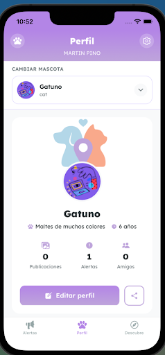 Pantalla de perfil social para mascotas en Buddyly